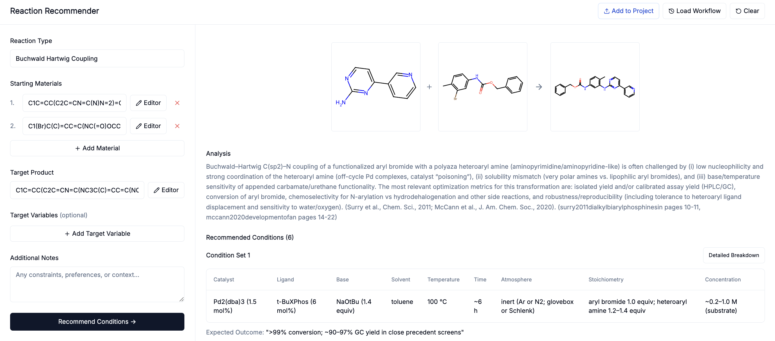 Reaction recommender showing Buchwald–Hartwig coupling conditions