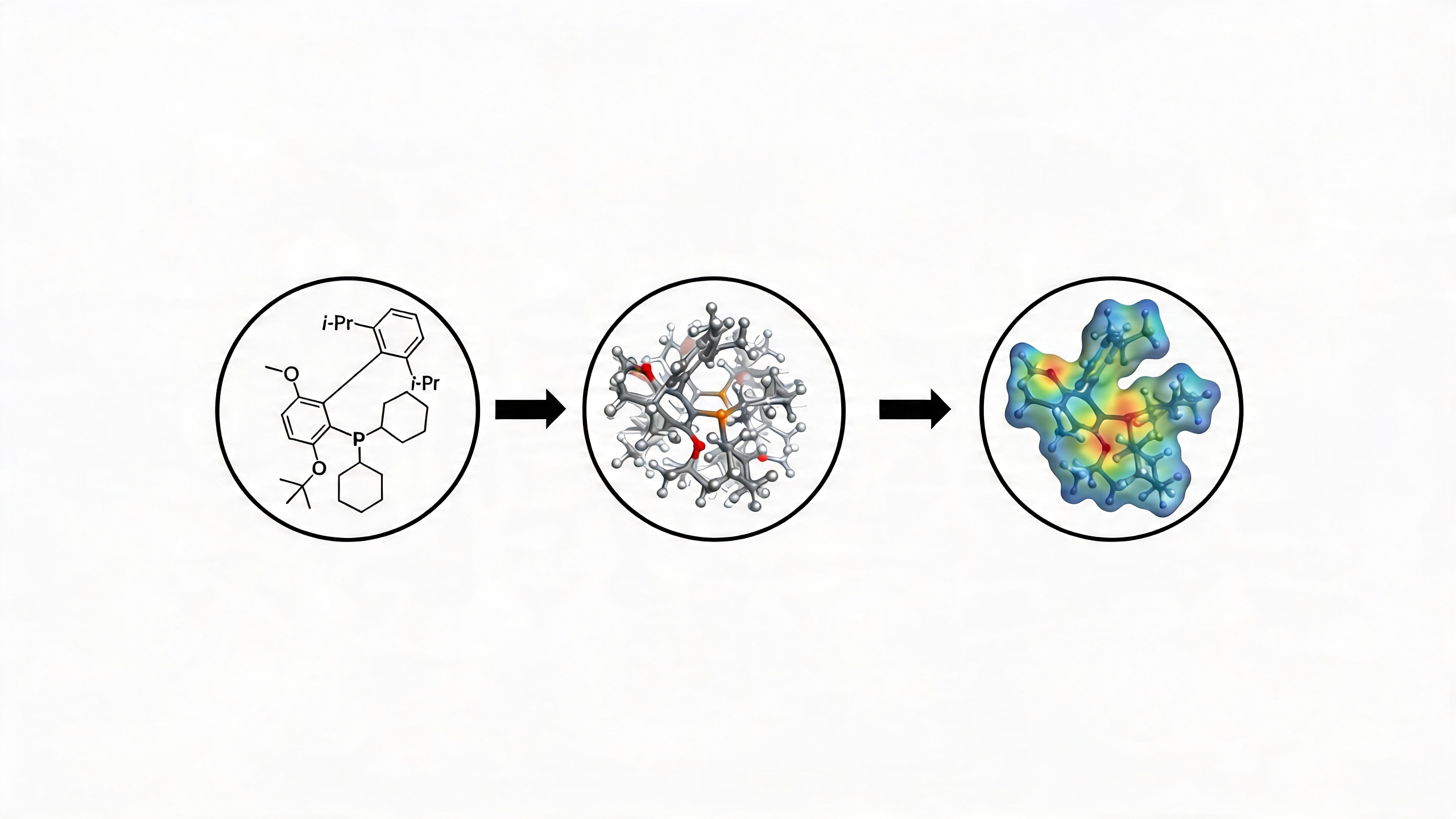 DFT pipeline: 2D phosphine ligand structure, 3D conformer ensemble, and electrostatic potential surface